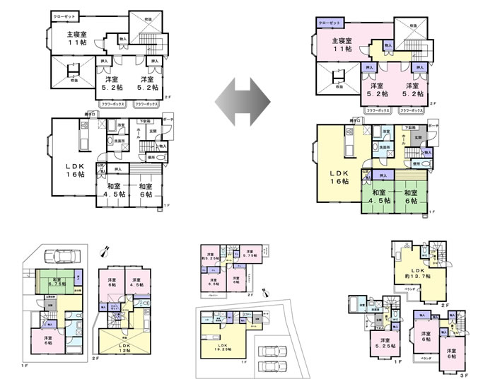 画像：居住用間取りサンプル、戸建例